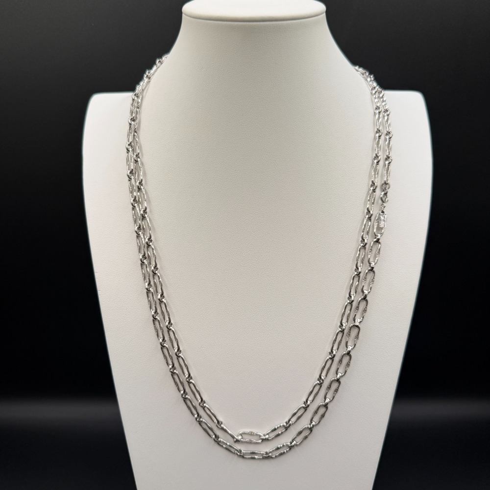 Silver Tone Layered Double Strand Hammered Oval Link Chain Necklace Modernist